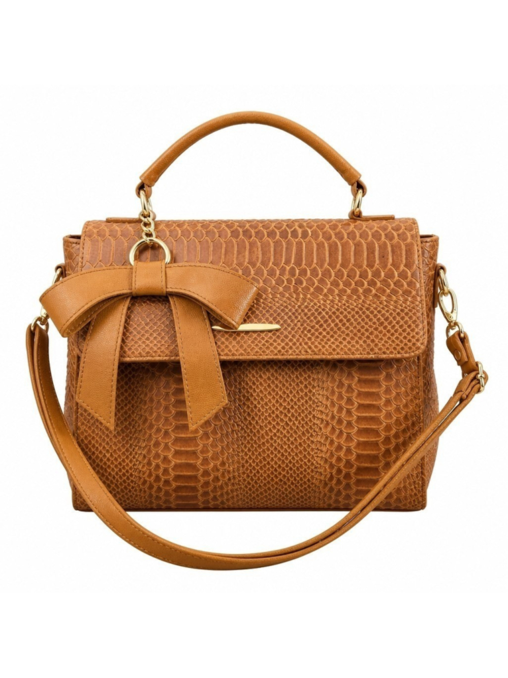 Bow Cognac Brown Snake Skin Embossed Tooled Artisan Cowhide LEATHER Bag Purse - Picture 2 of 16